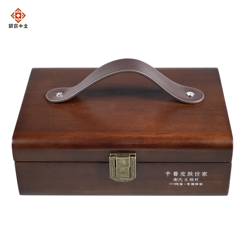 Factory Handmade PU Leather Handle Gift Packaging Custom Logo Rubber Wood Small Gift Box