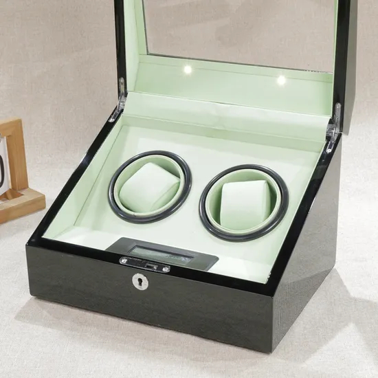 Classic Dual Watch Winder Wooden Box Beech Wood Auto Sensor PU Padding Dual Direction Rotation Quiet Operation Digital Display Watch Storage Case