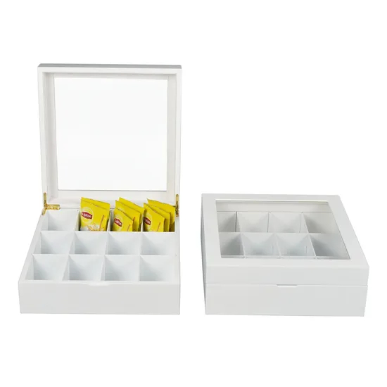 Wholesale Wood Storage Box Custom Size Acrylic Clear Lid Case Display Packaging Gift 12 Slot Wooden Tea Box