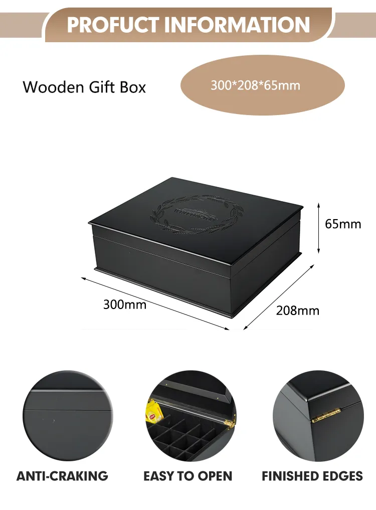 Luxury Black Wooden Tea Storage Box with Custom Laser Logo