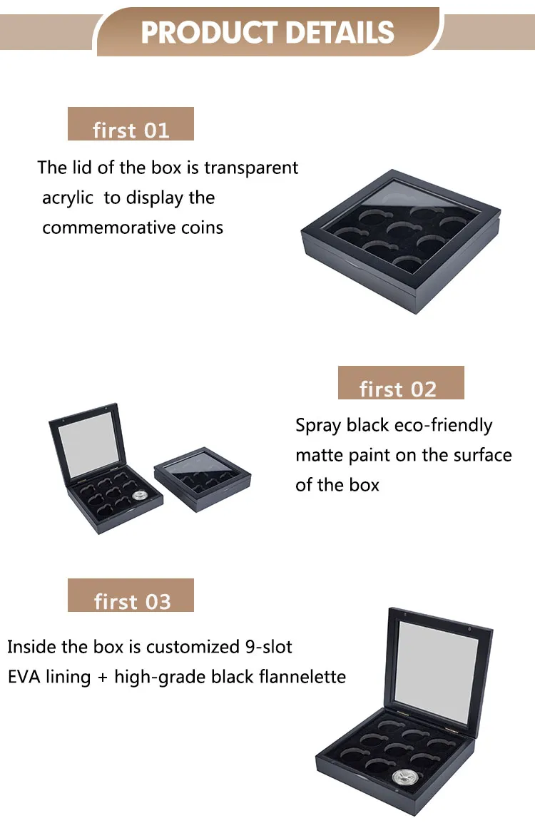 Wholesale 9 Slot Wooden Coin Box with Hinged Lid Custom Display Box for China Panda Coins and Commemorative Coins