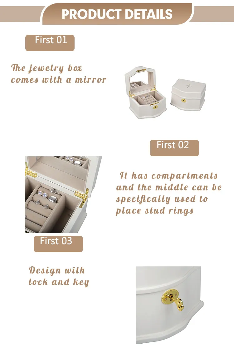 White Color Matt Finish Wooden Jewelry Organizer Storage Luxury Gift Box with Mirror