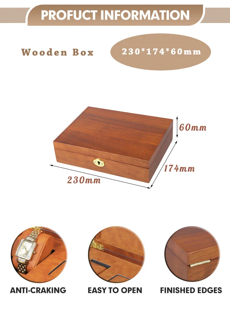 Solid Wood Jewelry Watch Box Handcrafted Anti Tarnish Lining Singel Layer Compartments Lockable Closure Soft Velvet Interior Compact Size Desktop Organizer