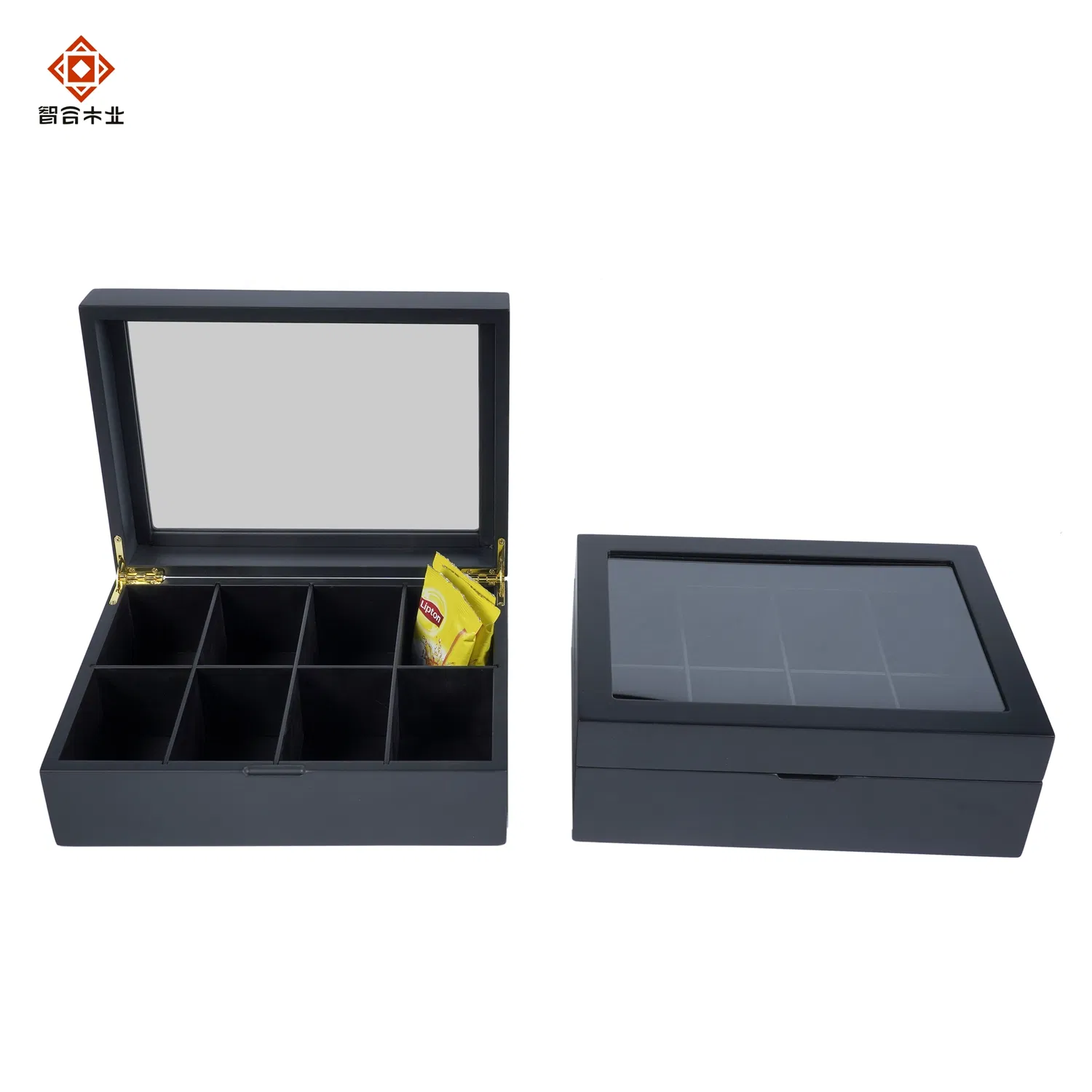 Factory Wholesale Acrylic Lid Black 8 Compartments Rectangle Custom Wooden Tea Packing Boxes