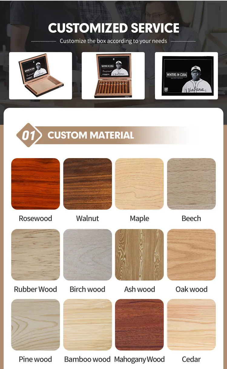 Cigar Humidor Luxury Tempered Glass Top Display Custom Packaging Wood Humidor Cigar Tobacco Case Box with Hygrometer