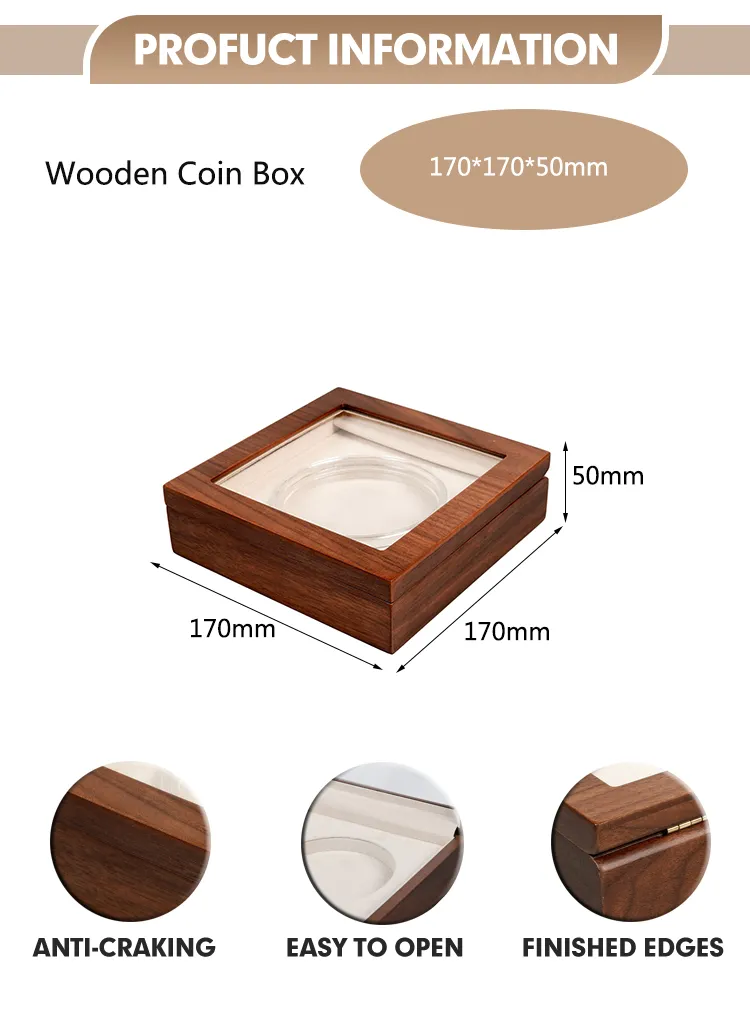 Wholesale Custom Logo Single Opening Window Design Wood Challenge Coin Storage Presentation Box Packaging Display Case with Acrylic Lid