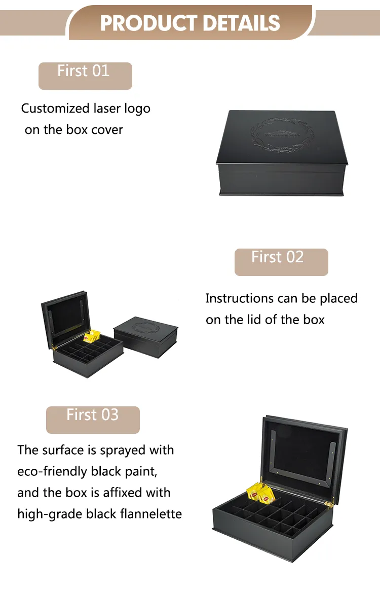 Luxury Black Wooden Tea Storage Box with Custom Laser Logo