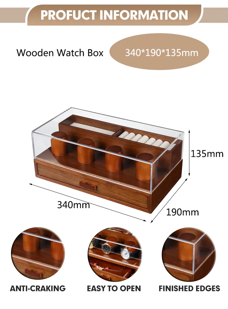 Clear Acrylic Glass Cover Versatile Storage Space Wooden Watch Display Case with Drawers Watch Collection Box