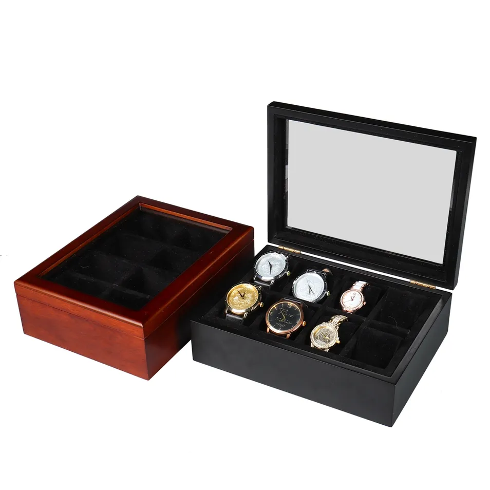 Exquisite Brown Lacquer 12 Slot Wooden Rectangular Watch Packaging Display Box Watch Storage Gift Luxury Piano Lacquer Finish