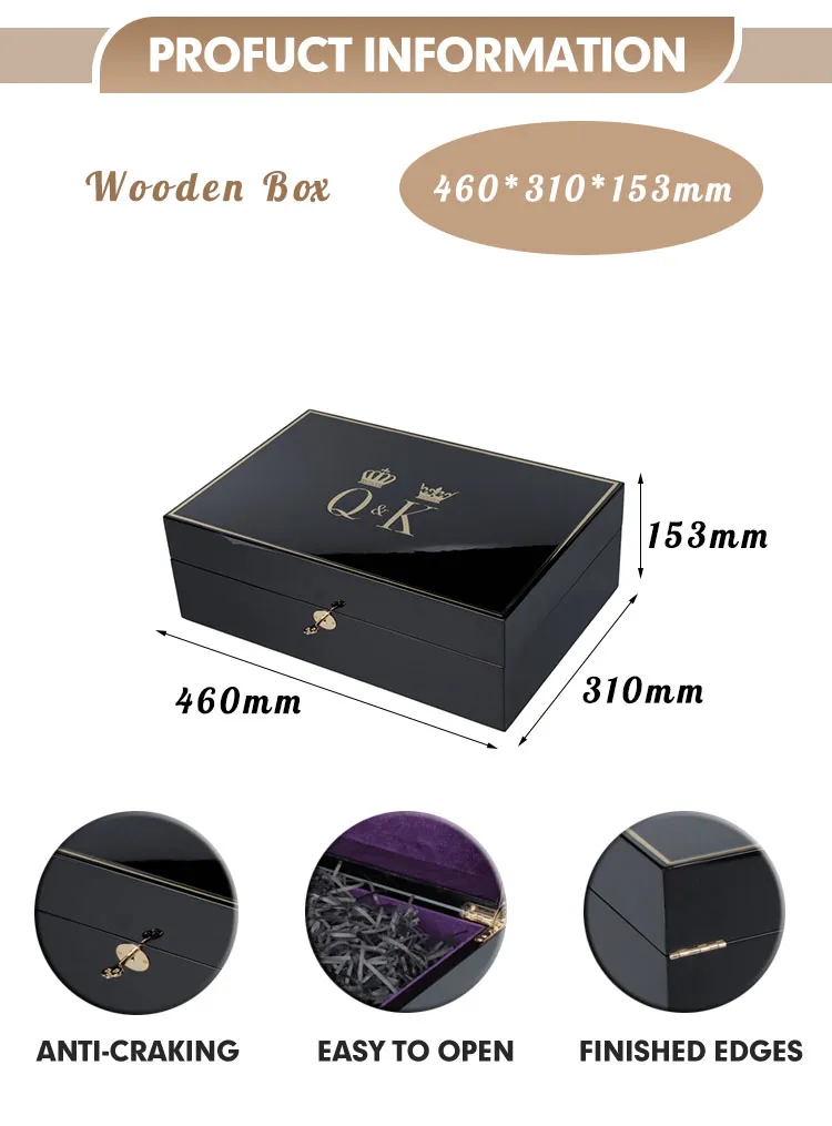 Zhihe 2025 New Product Large Premium Wooden Box Smooth Stash Box with Hinged Lid Wooden Box with Lock and Key