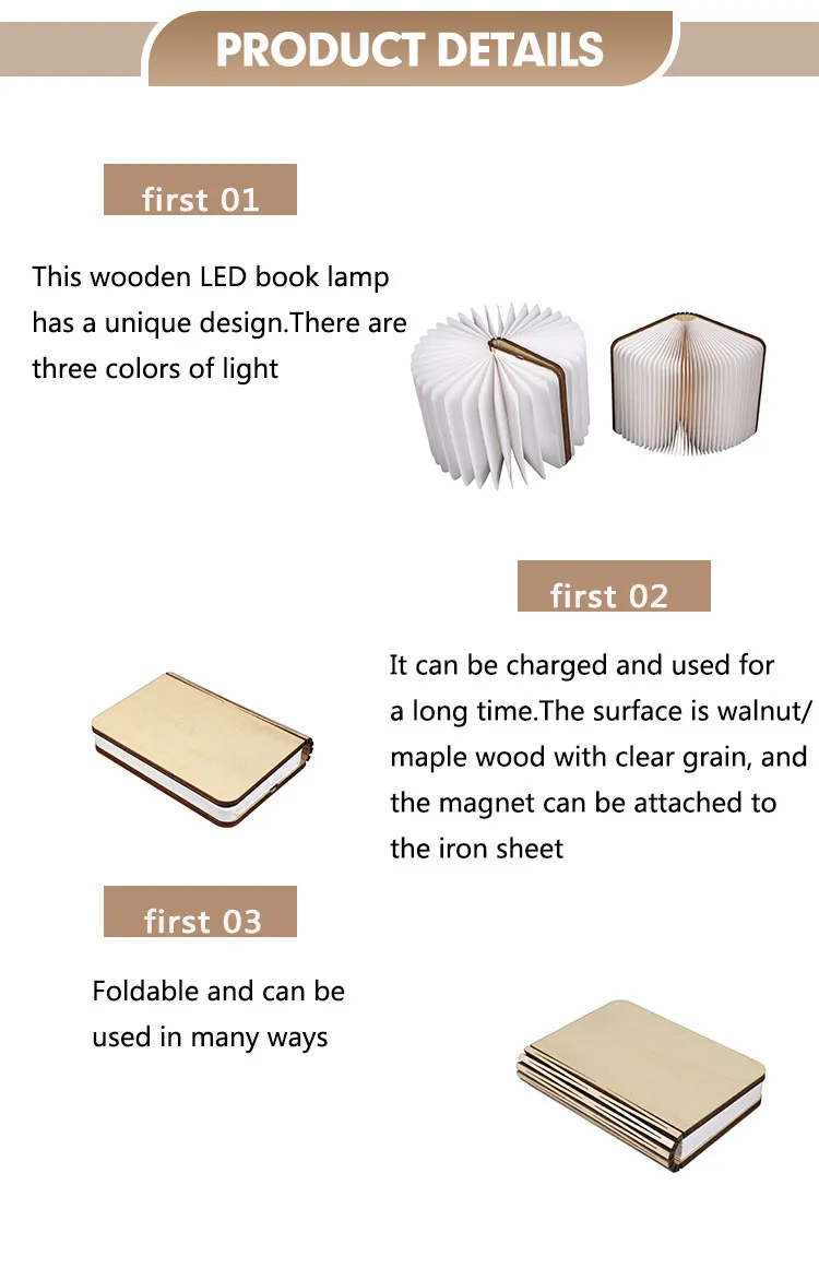 Creative Magnetic USB Rechargeable LED Foldable Wood Grain Book Shape Desk Lamp Night Light