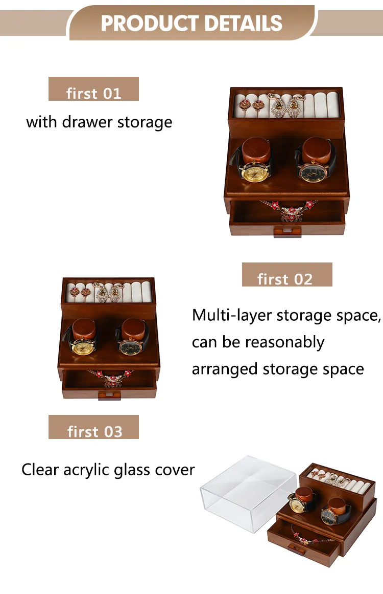 Wholesale 4 Slots Luxury Man's Gift Watch Box Custom Men's Jewelry Container Hot Sale 2 Tiers Wooden Watch Case with Acrylic Lid