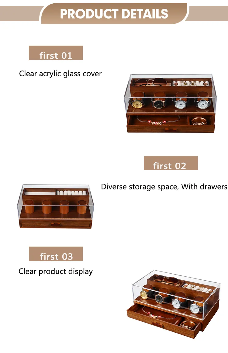 Clear Acrylic Glass Cover Versatile Storage Space Wooden Watch Display Case with Drawers Watch Collection Box