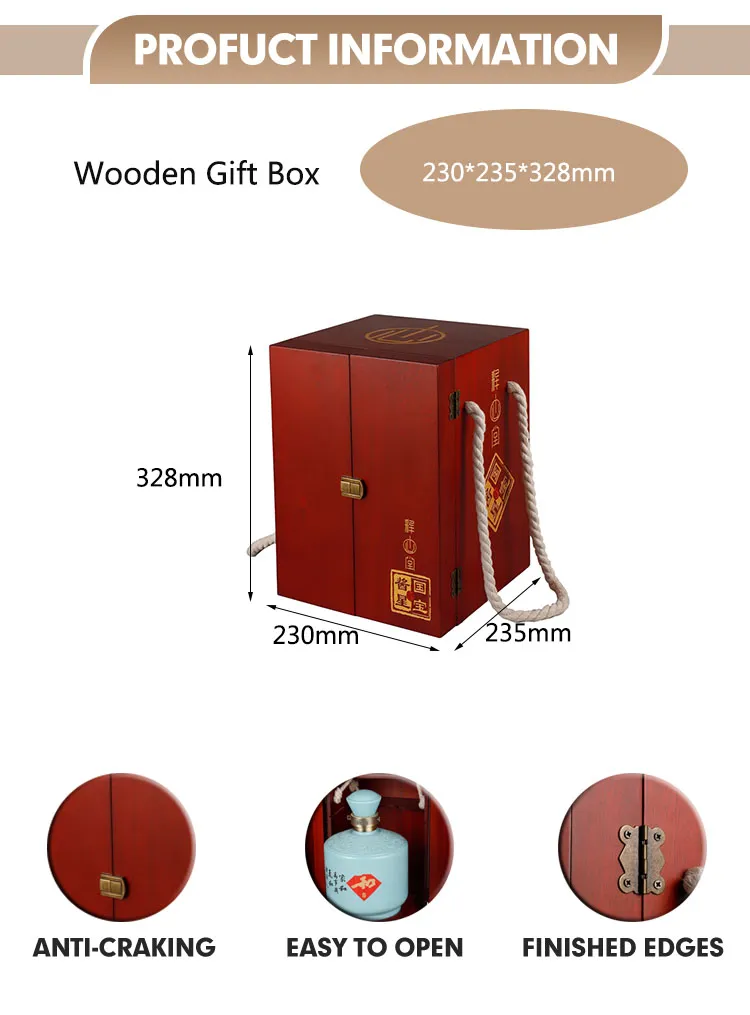 Custom Luxury Red Large Single Bottle Packaging Wooden Wine Box with Rope Handle