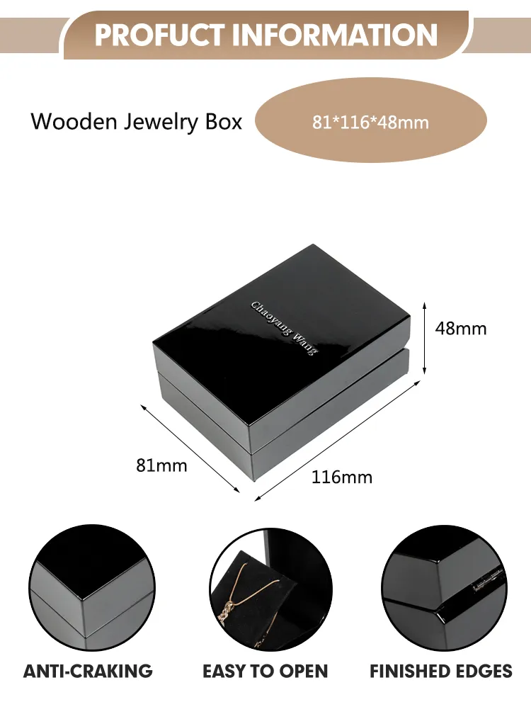 High Quality Black High Gloss Paint Necklace Packaging Small Rectangle Jewellery Boxes with Logo Custom
