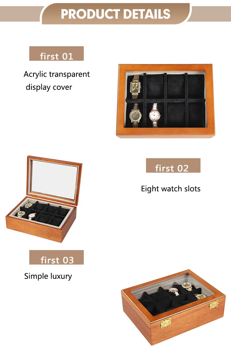 Elegant Walnut Watch Storage Case with Glass Lid for 8 Timepieces
