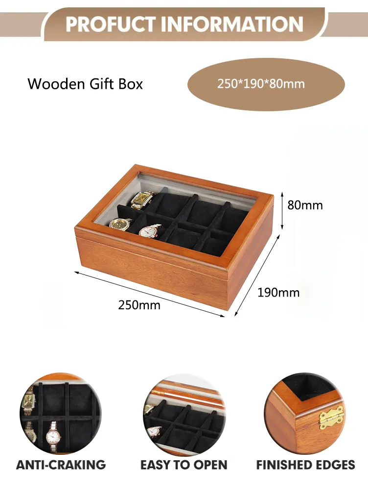 Exquisite Brown Lacquer 8 Slot Wooden Rectangular Button Lock Watch Packaging Display Box Watch Storage Gift Luxury Piano Paint Finish