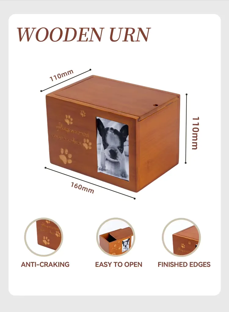 Zhihe Bamboo Pet Urn with Slide-Top Lid Photo-Stickable Front Customizable Laser-Engraved Patterns Text OEM Service Available.