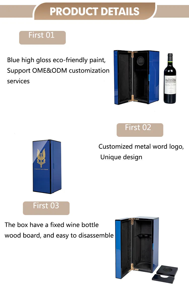 Luxury Handmade Eco - Friendly Blue Paint Custom Logo Wooden Single Wine Packaging Box