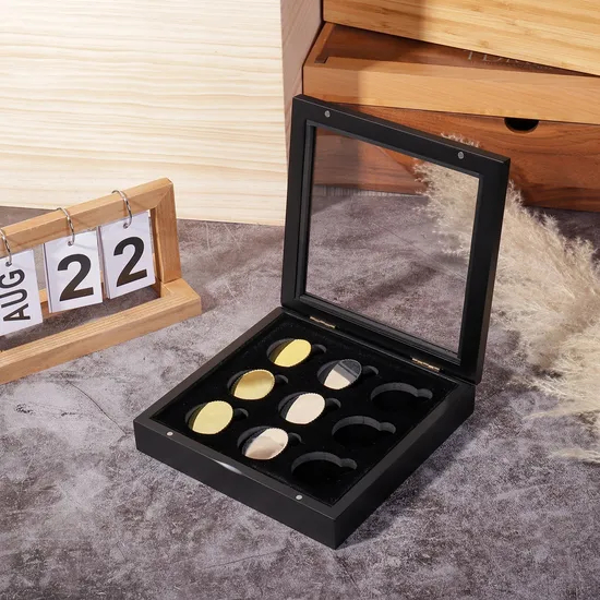 Wholesale 9 Slot Wooden Coin Box with Hinged Lid Custom Display Box for China Panda Coins and Commemorative Coins
