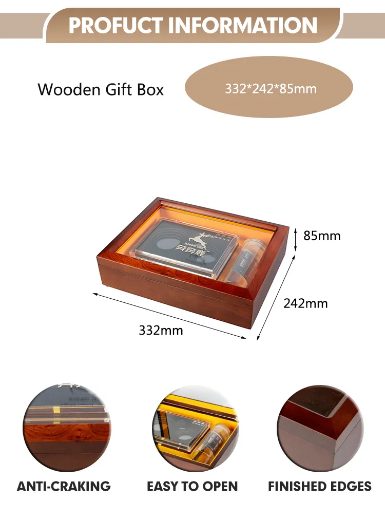 Transparent Top Design Metal Word Logo EVA Lining Rectangular Acrylic Cover Custom Wooden Large Gift Box Luxury