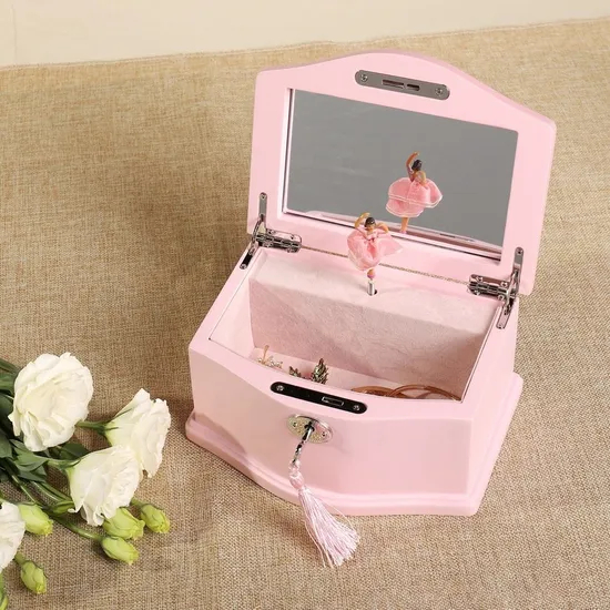 Customized MDF Wooden Music Box Design Wind-up Feature Custom Logo Luxury Ballet Girl Spinning Wind up White and Pink Carton Wood Jewelry Gift Box