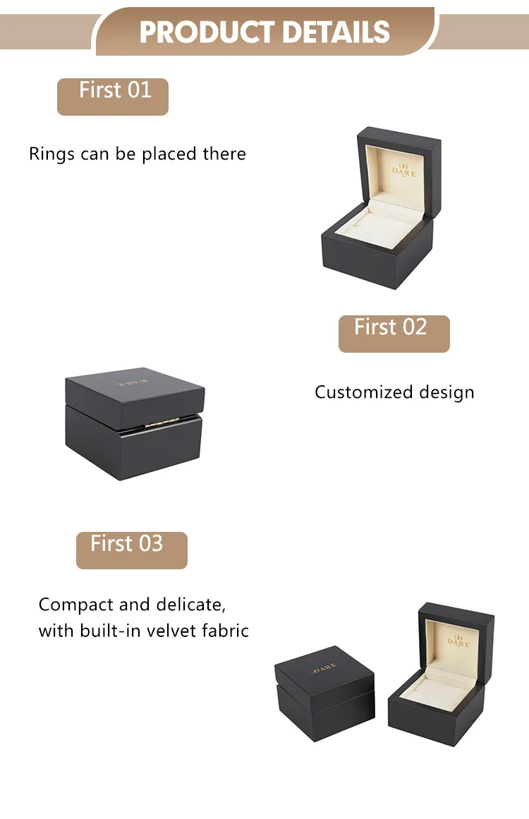 Zhihe Handcrafted Wooden Black Ring Box Luxury Jewelry Storage Case with Magnetic Closure Velvet Lining Engraved Detail Oak Wood Proposal Accessory