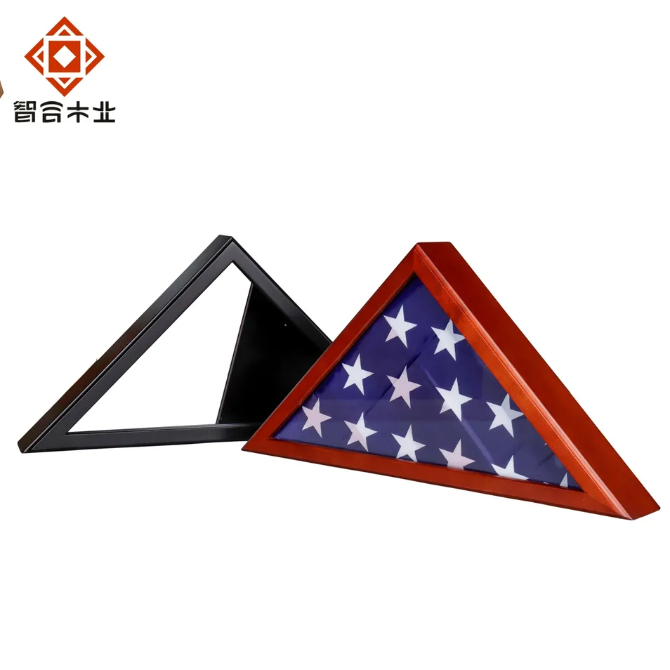 Wholesale Custom Large Wooden America Flag Box Display Case National Storage Us Banner Stand Triangle Shape Home Gift Timber