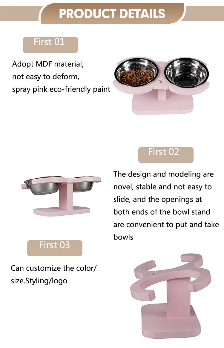 High Quality Pet Products Unique Shape Pink Double Bowl Lovely Style Custom Logo Cat Dog Feeding Stand for Easy to Take Bowl