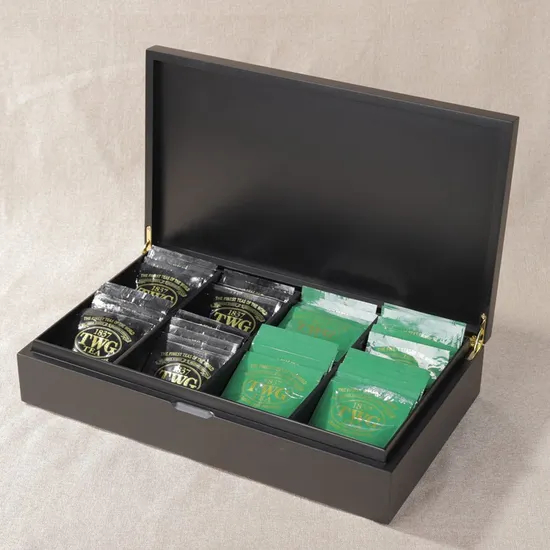 Hot Stamping Logo 8 Compartments Gift Packaging Handmade MDF Tea Bag Organizer Storage Wooden Tea Box