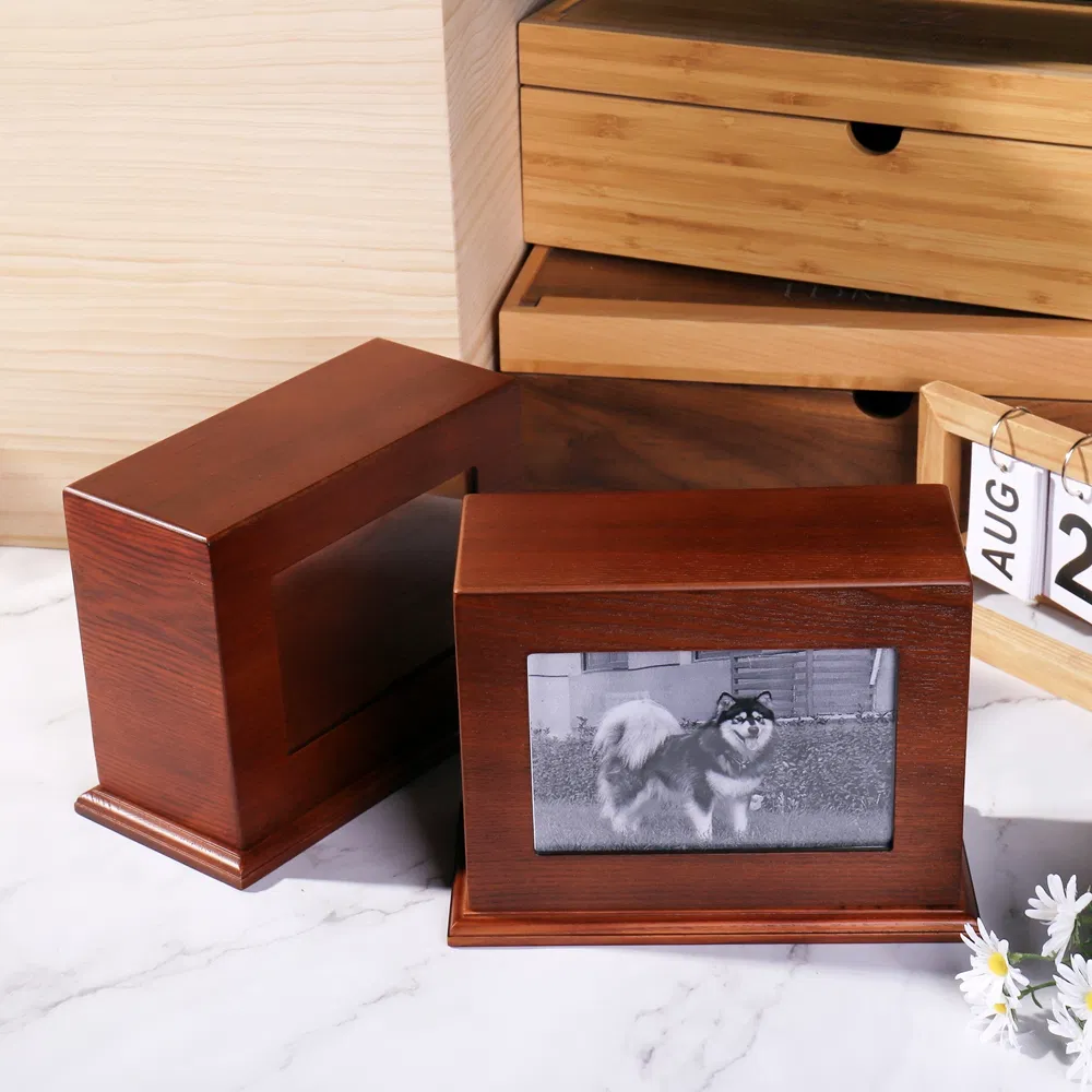 Factory Outlet Hi-Q Low Price Wooden Pet Ashes Box Cremation Urns Funeral Supply Memorial Box with Photo Frame for Cat or Dog