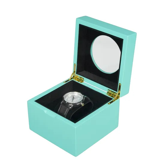 Wholesale Luxury Cyan Varnish Classy Open Window Design Wooden Box for Single Watch Display and Storage