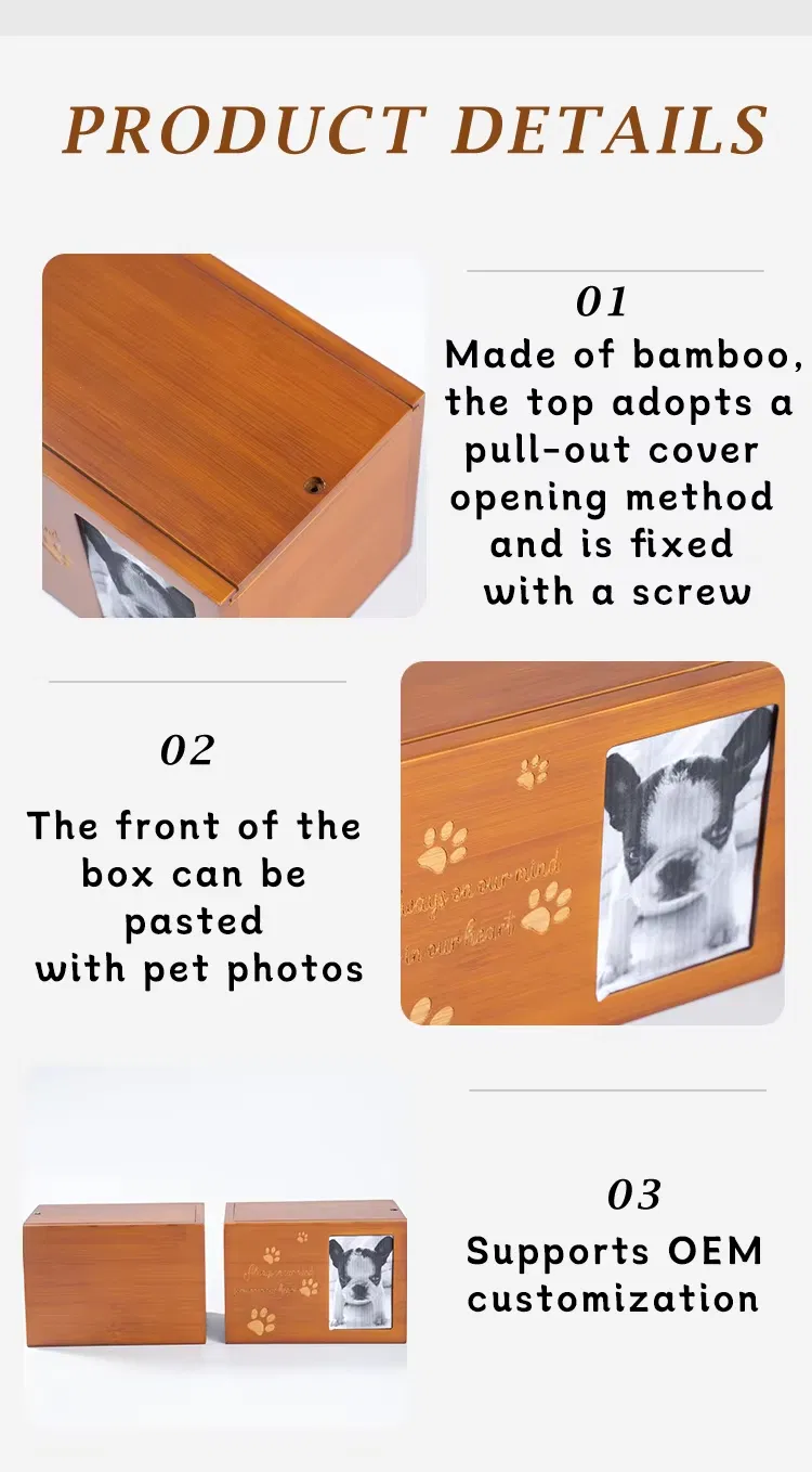 Zhihe Bamboo Pet Urn with Slide-Top Lid Photo-Stickable Front Customizable Laser-Engraved Patterns Text OEM Service Available.