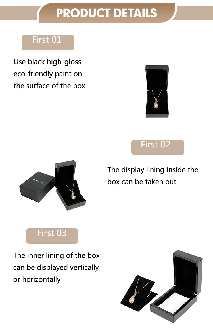 High Quality Black High Gloss Paint Necklace Packaging Small Rectangle Jewellery Boxes with Logo Custom