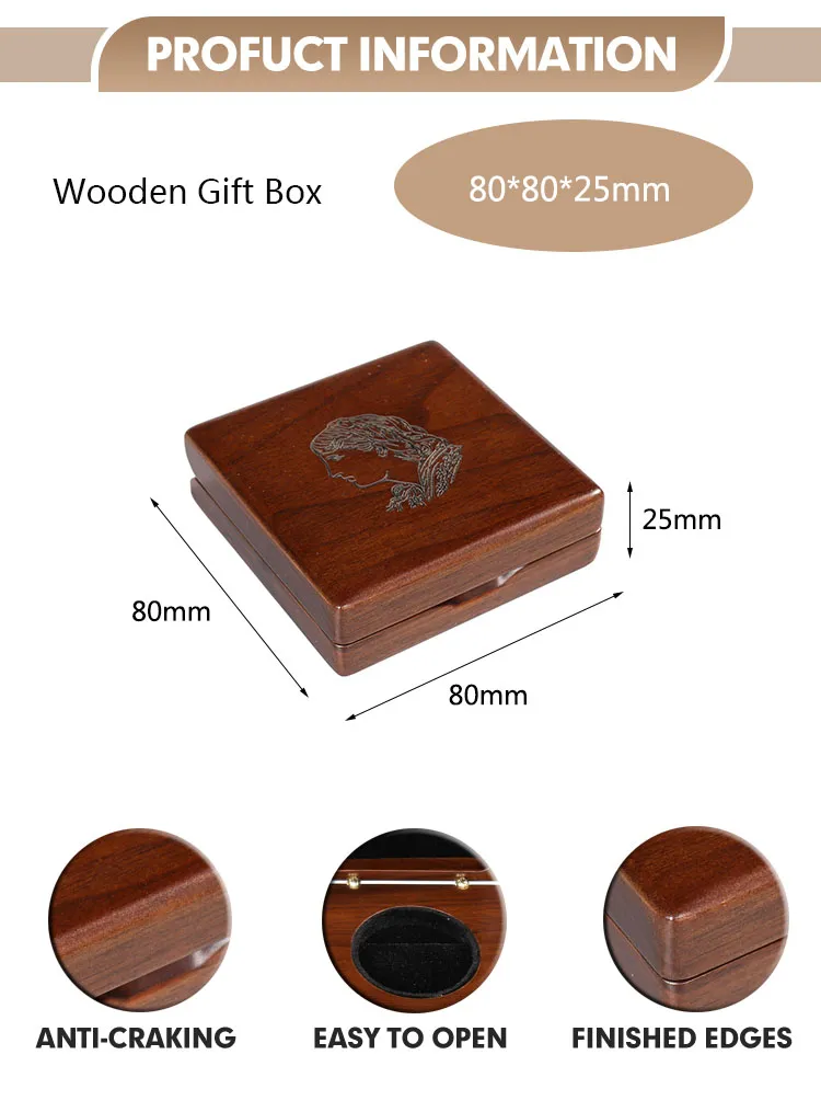 Custom Badge Souvenir Medal Case Solid Mahogany Wood Storage Decorative Box Coin Case