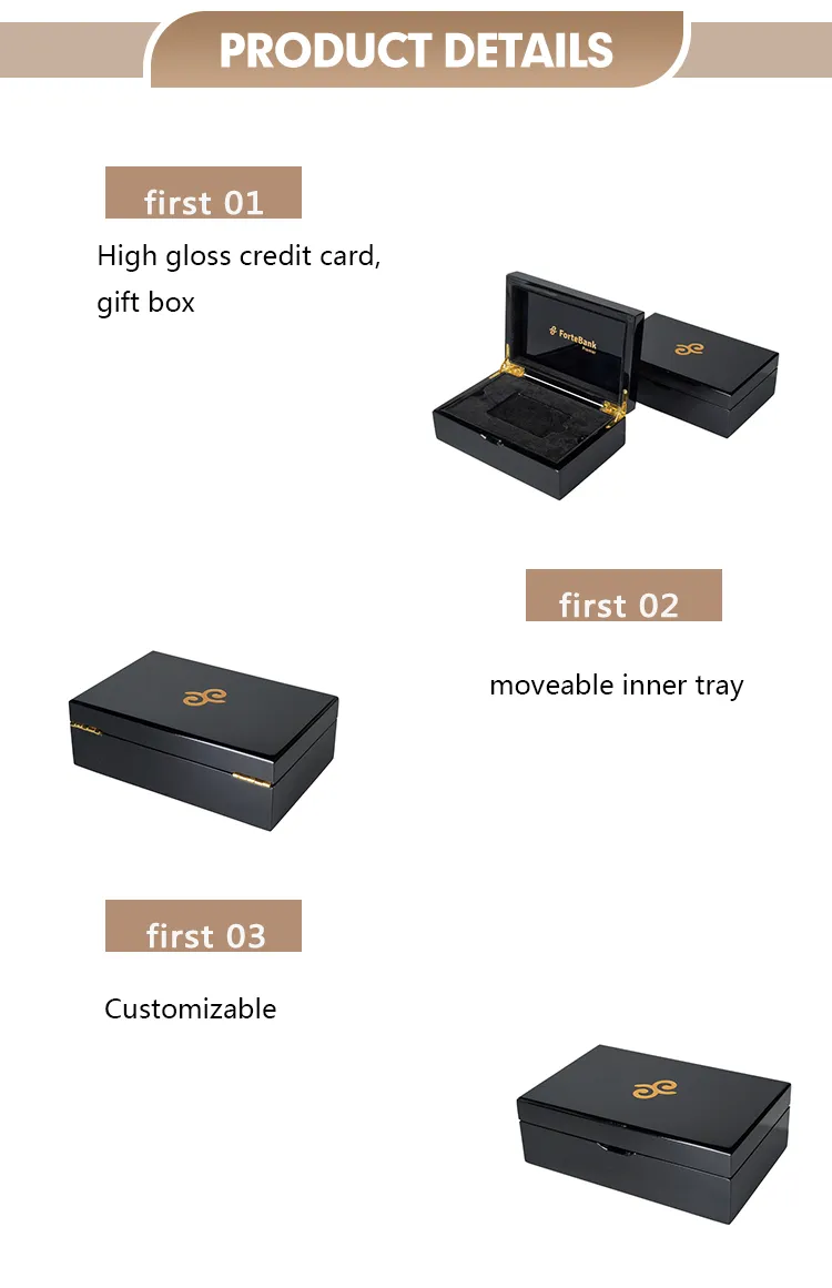 High Gloss Wooden Box with Drawer Customized Logo Credit Card Organizer Black High Gloss Gift Box Luxury Gift Boxes