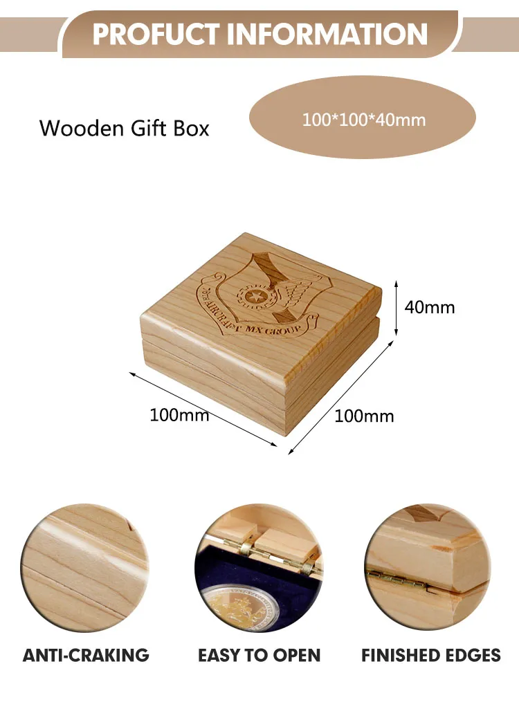 High Quality Simple Square Maple Wood Custom Logo Packaging Single Commemorative Coin Display Box with Spring Hinges