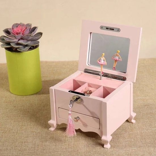 Factory Custom Logo Personalize Pink and White Ballet Girl Wood Jewelry Box Packaging Luxury Earrings and Necklace with Mirror