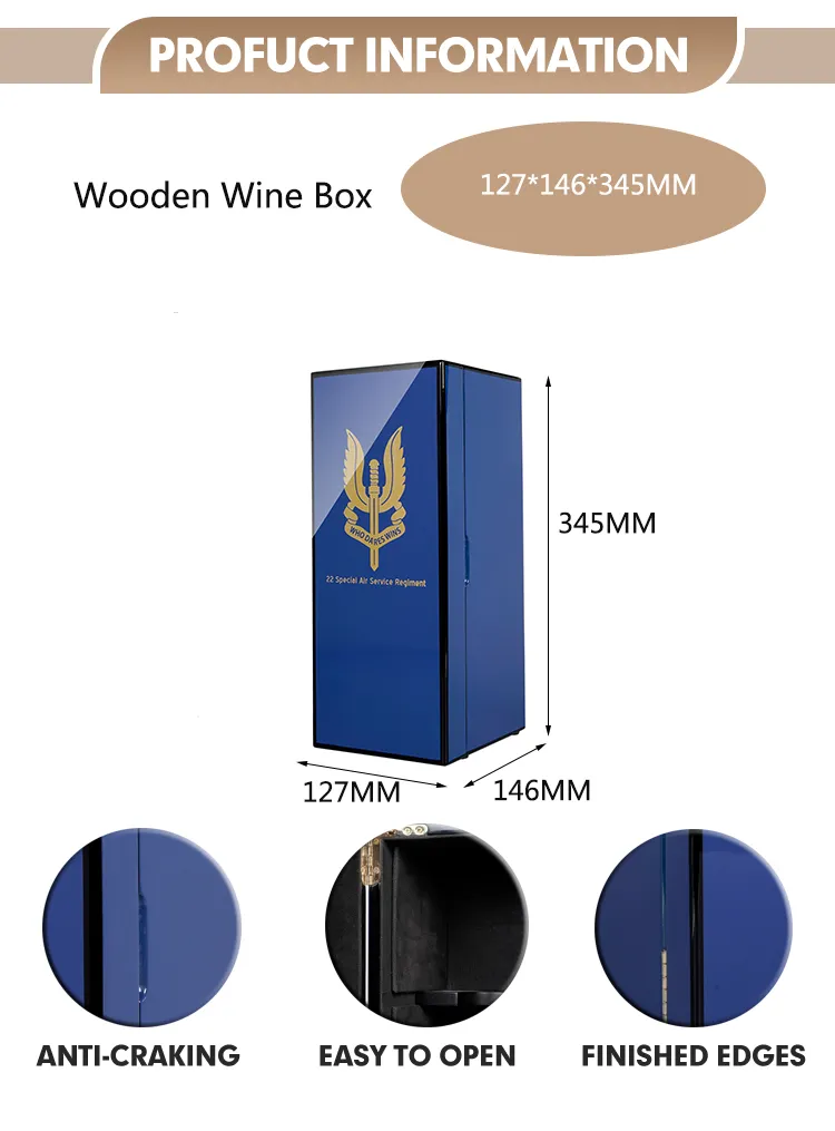 Custom Blue Wood Rectangle Handmade Luxury Single Wooden Wine Bottle Gift Packaging Box