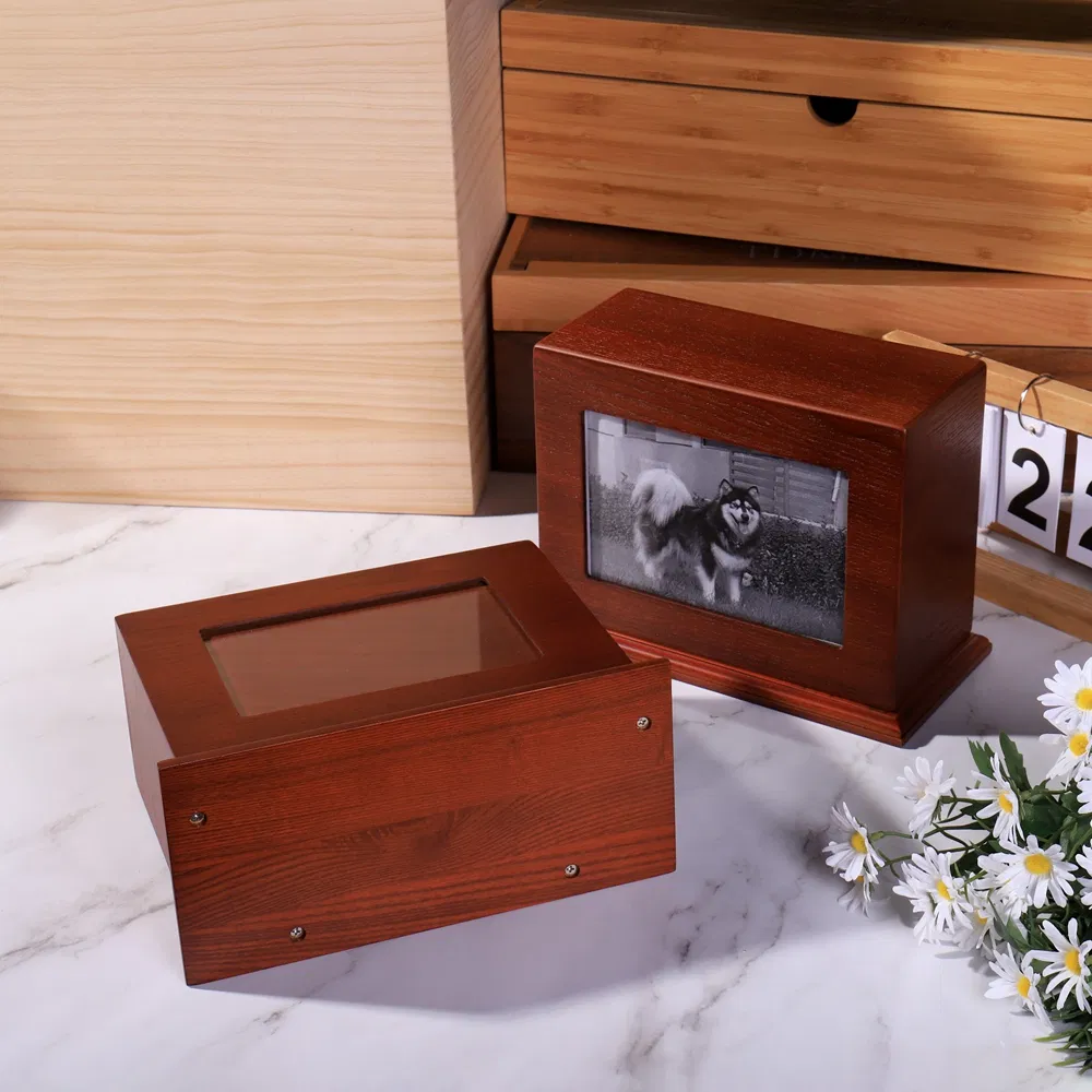 Factory Outlet Hi-Q Low Price Wooden Pet Ashes Box Cremation Urns Funeral Supply Memorial Box with Photo Frame for Cat or Dog
