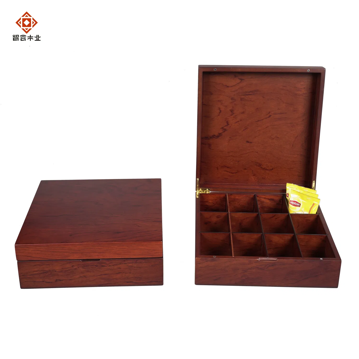 Handcrafted Custom Made Rich Mahogany Solid Wooden Compartment Tea Gift Chest Box and Tea Bags Storage Boxes and Holder with 12 Compartment