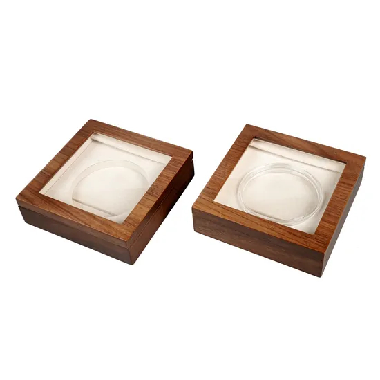 Wholesale Custom Logo Single Opening Window Design Wood Challenge Coin Storage Presentation Box Packaging Display Case with Acrylic Lid