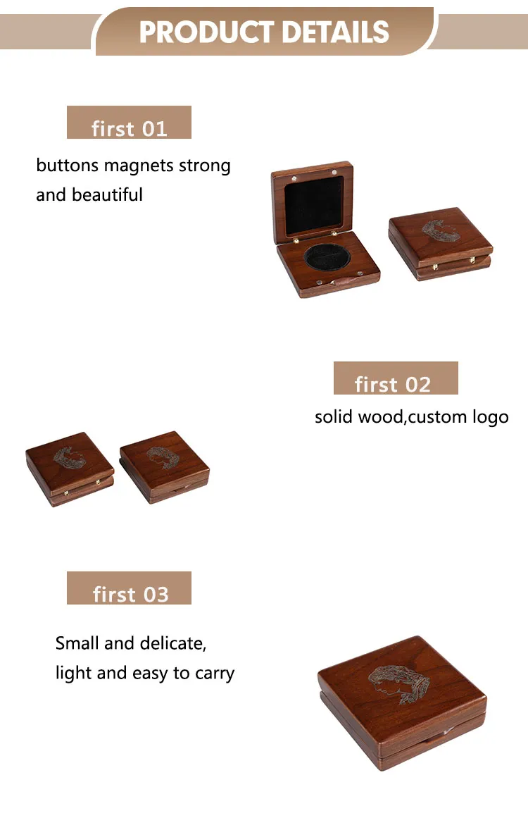 Custom Badge Souvenir Medal Case Solid Mahogany Wood Storage Decorative Box Coin Case