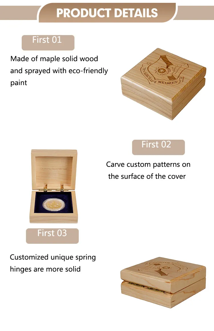 High Quality Simple Square Maple Wood Custom Logo Packaging Single Commemorative Coin Display Box with Spring Hinges