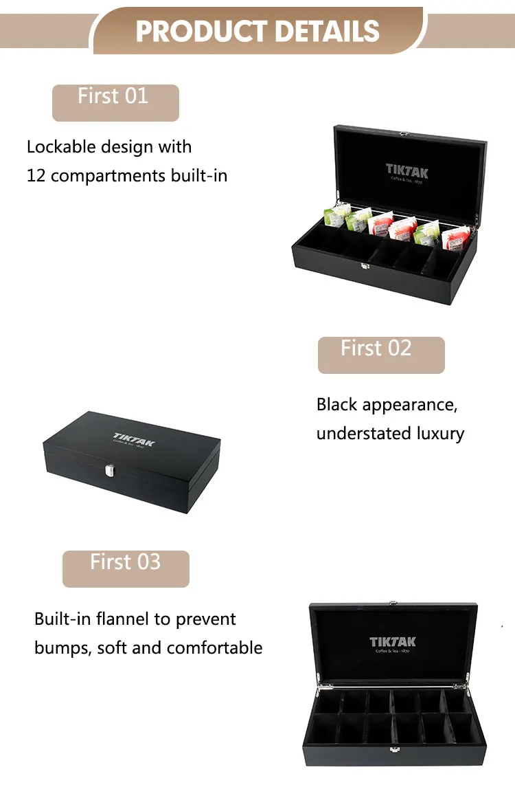 Factory Price Wooden Tea Gift Packaging Box Luxury Wood Storgae Tea &amp; Coffee Bag Case with 6 Compartments