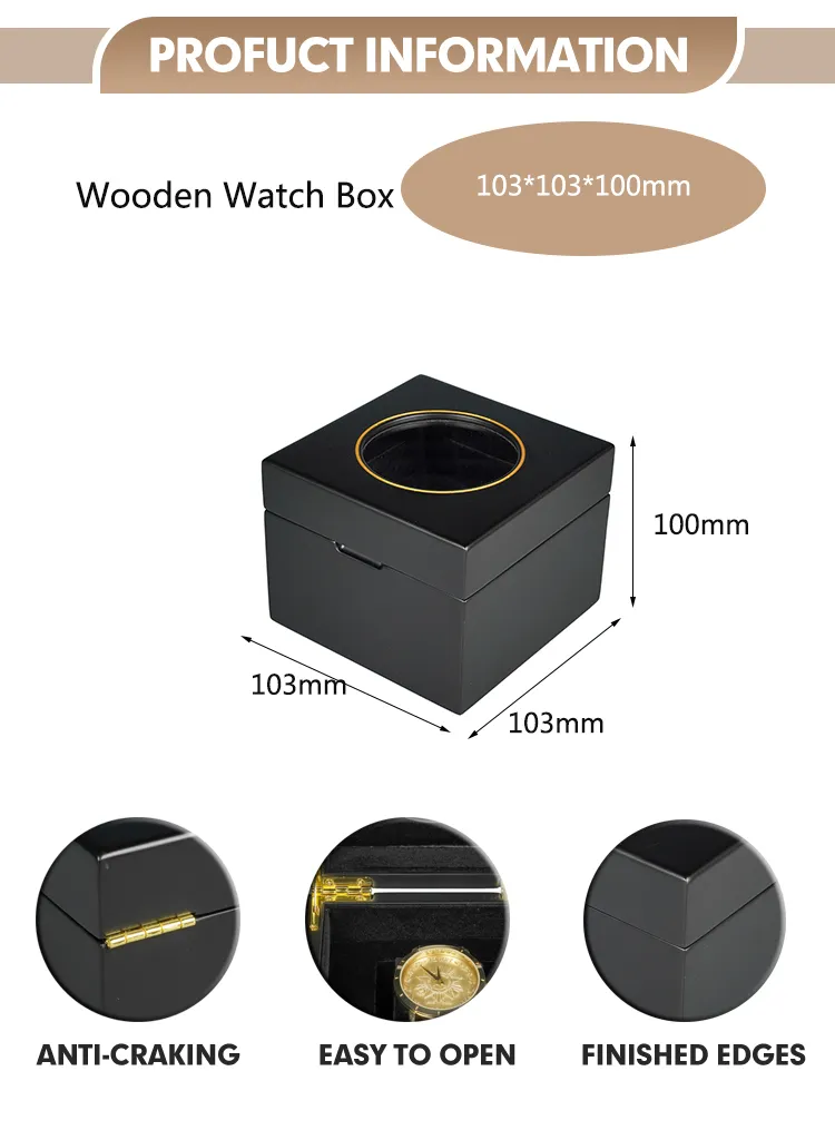 Luxurious High-End Black Piano Glossy Lacquer Finish Wooden Packaging Display Gift Box for Single Watch