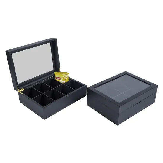 Factory Wholesale Acrylic Lid Black 8 Compartments Rectangle Custom Wooden Tea Packing Boxes