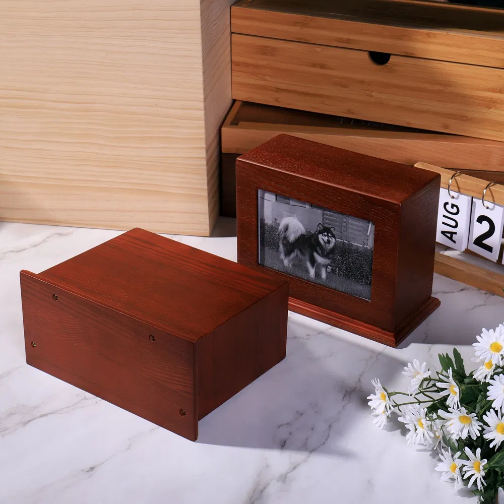 Factory Outlet Hi-Q Low Price Wooden Pet Ashes Box Cremation Urns Funeral Supply Memorial Box with Photo Frame for Cat or Dog