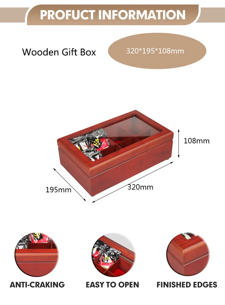 Factory Custom Luxury Wooden Storage Gift Case Acrylic Lid Red Packaging Teabag Tea Boxes Organizer