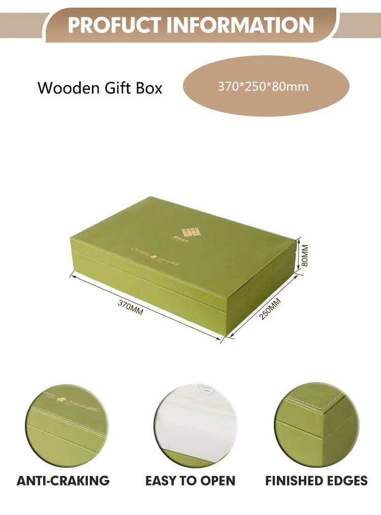 High Quality OEM ODM Handmade Custom Hot Stamping Logo Empty Wooden Rectangular Green PU Leather Storage Gift Box Luxury